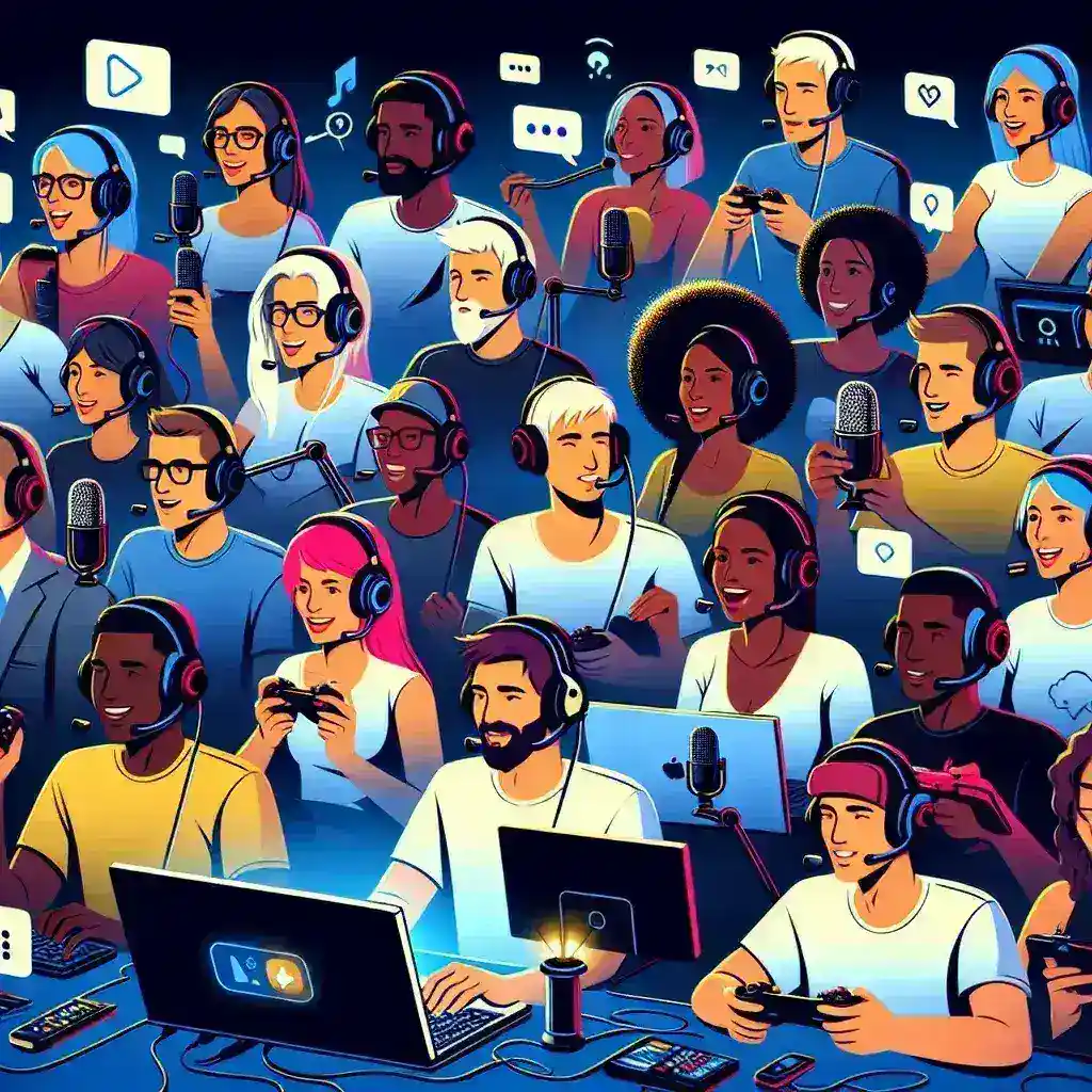 "Imagen de un grupo de jugadores interactuando en una comunidad de Twitch, mostrando varias pantallas de transmisión en vivo y chat en tiempo real, representando la búsqueda y unión a comunidades de Twitch según intereses personales."